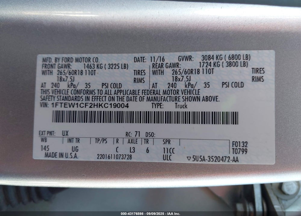 2017 FORD F-150 VIN: 1FTEW1CF2HKC19004