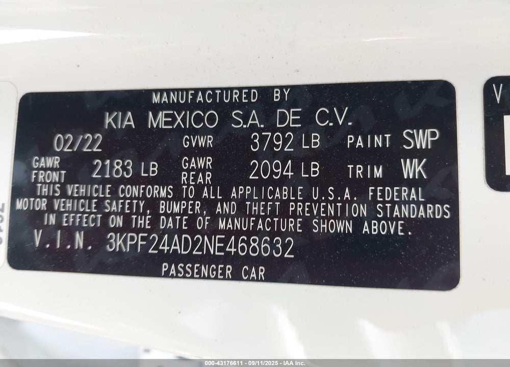 2022 KIA FORTE VIN: 3KPF24AD2NE468632