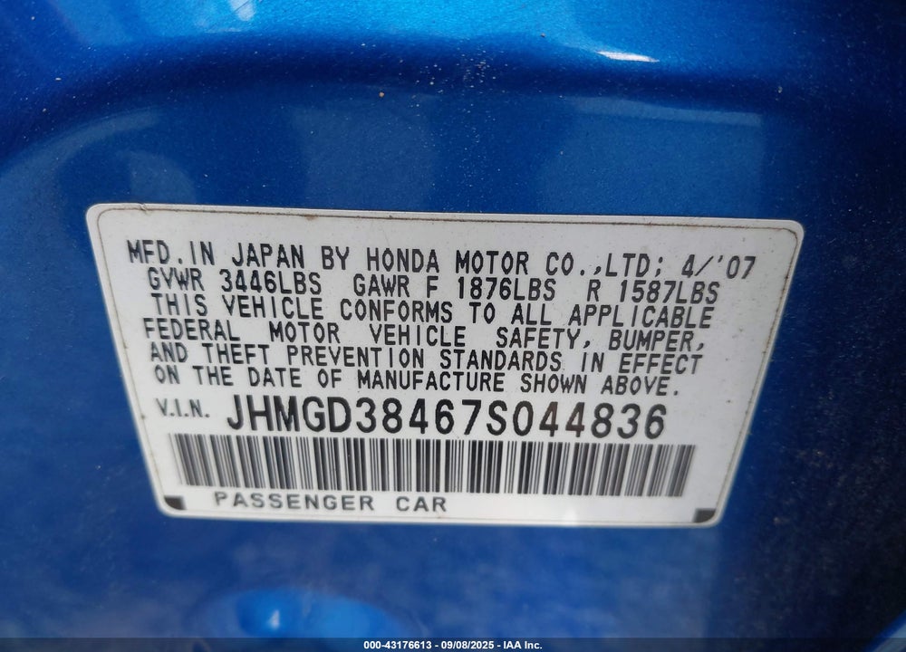 2007 HONDA FIT VIN: JHMGD38467S044836