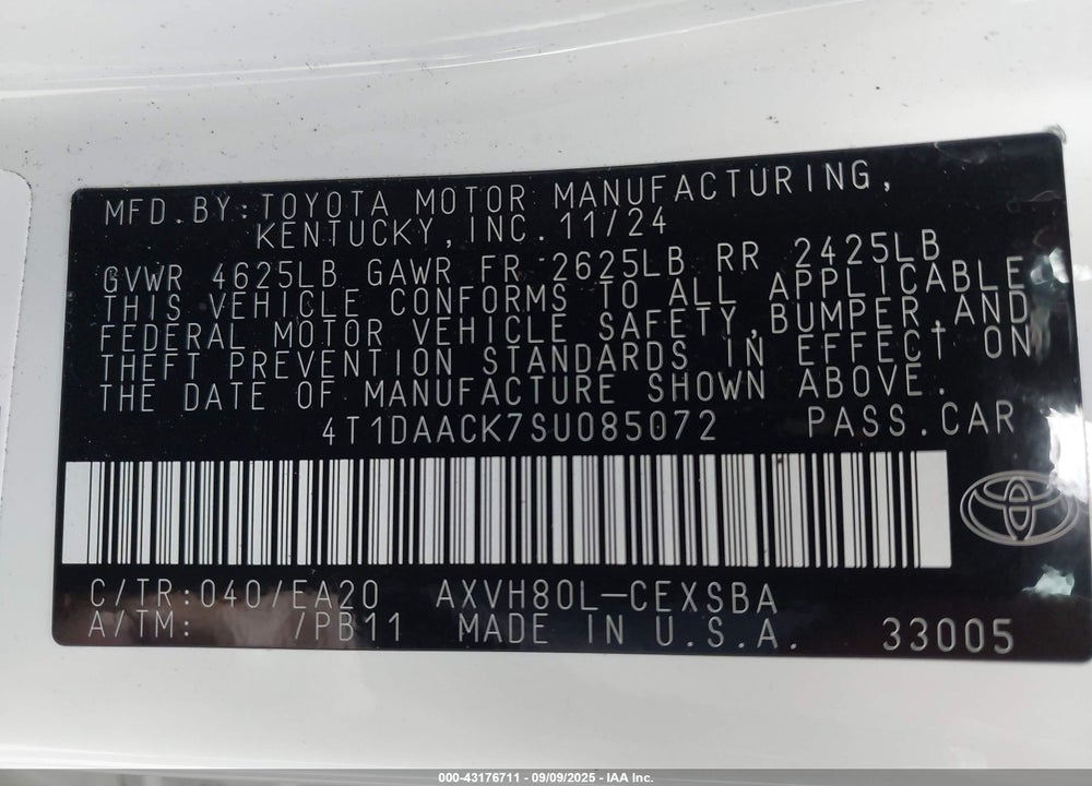 2025 TOYOTA CAMRY VIN: 4T1DAACK7SU085072