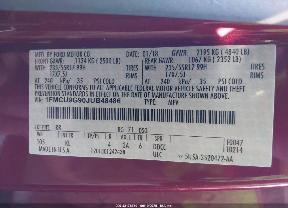 2018 FORD ESCAPE SE VIN: 1FMCU9G90JUB48486