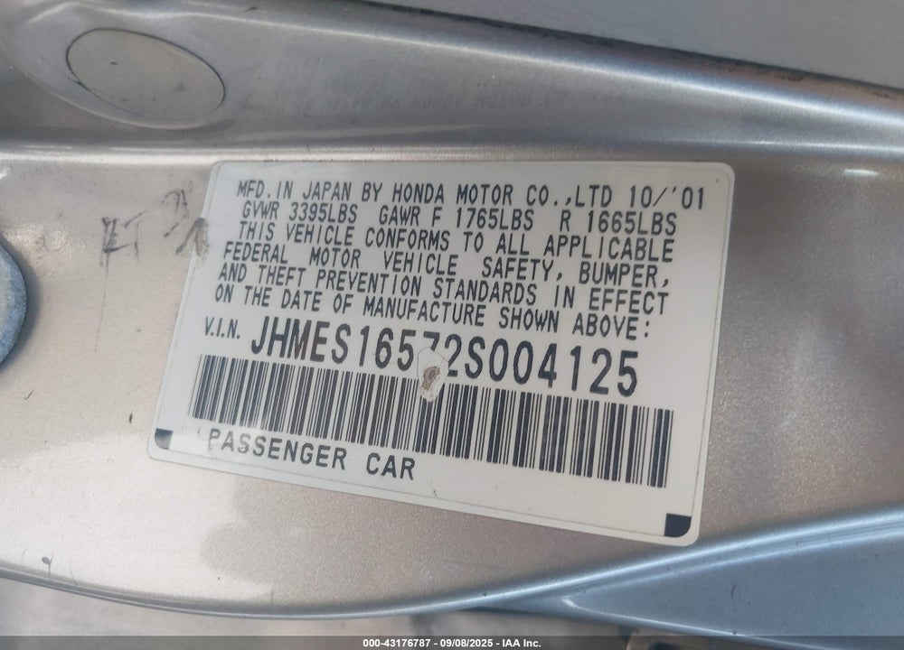 2002 HONDA CIVIC LX VIN: JHMES16572S004125