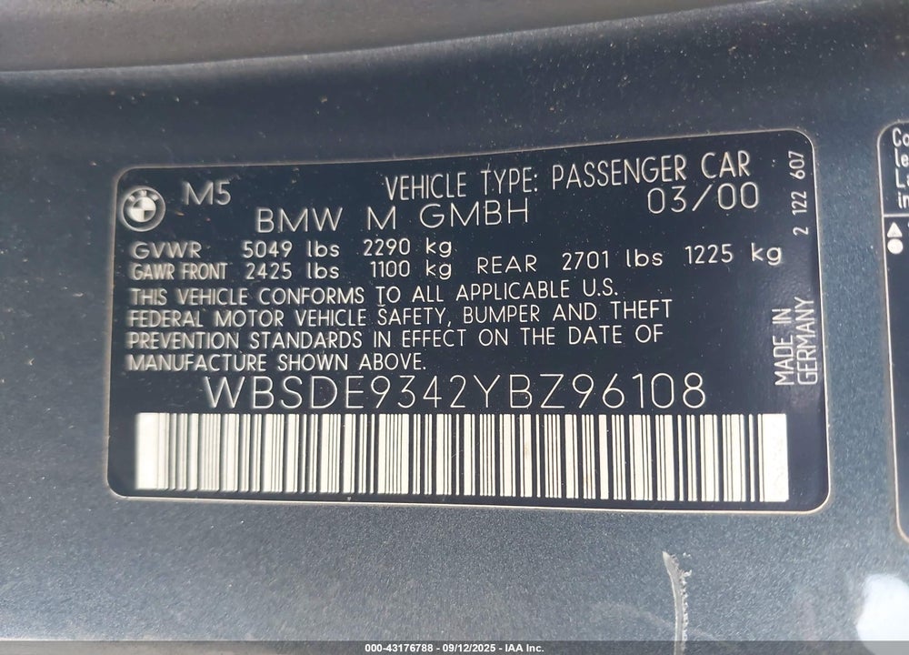 2000 BMW M5 VIN: WBSDE9342YBZ96108