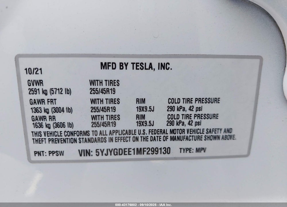 2021 TESLA MODEL Y VIN: 5YJYGDEE1MF299130