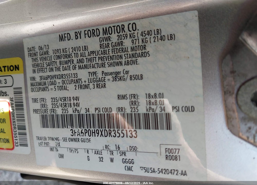 2013 FORD FUSION VIN: 3FA6P0H9XDR355133