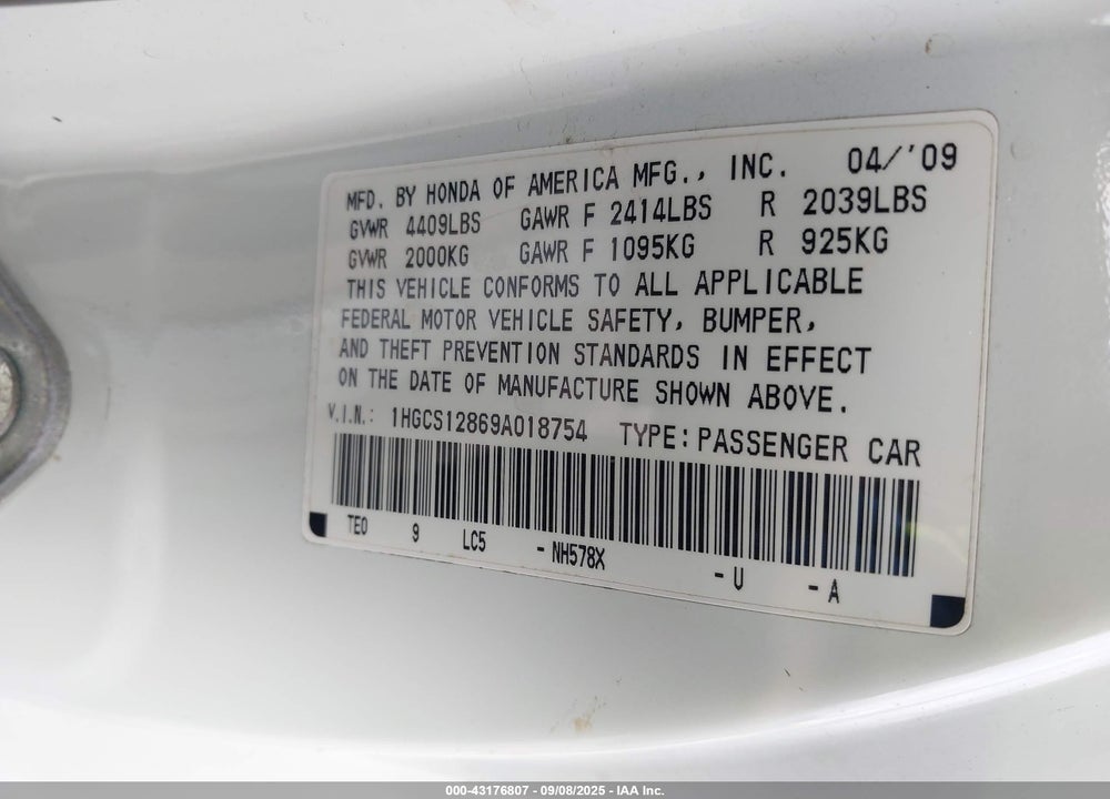 2009 HONDA ACCORD VIN: 1HGCS12869A018754
