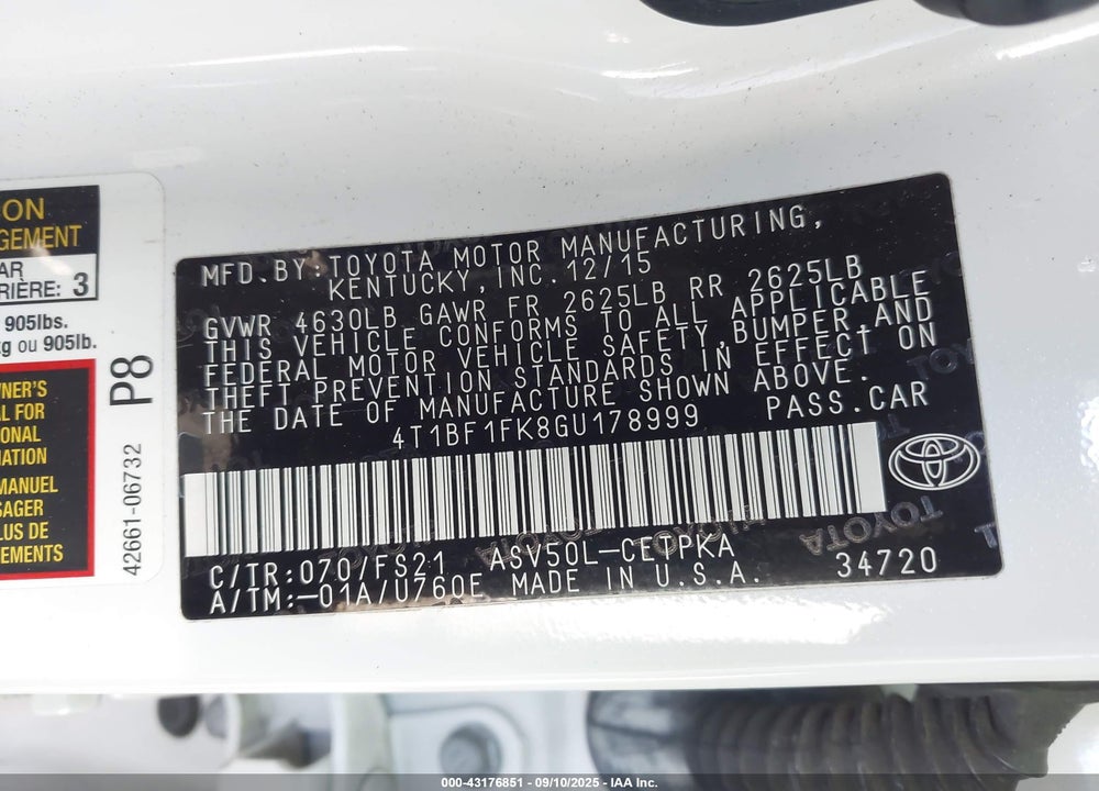 2016 TOYOTA CAMRY VIN: 4T1BF1FK8GU178999