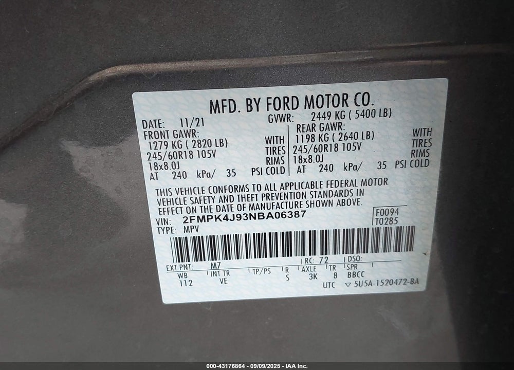 2022 FORD EDGE VIN: 2FMPK4J93NBA06387