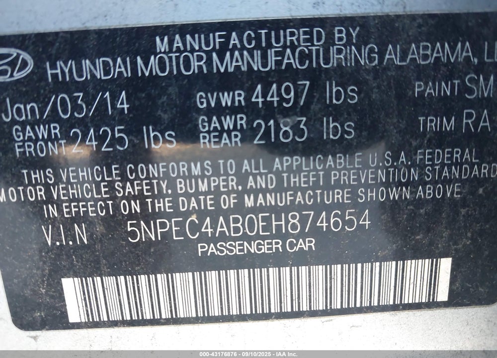 2014 HYUNDAI SONATA VIN: 5NPEC4AB0EH874654