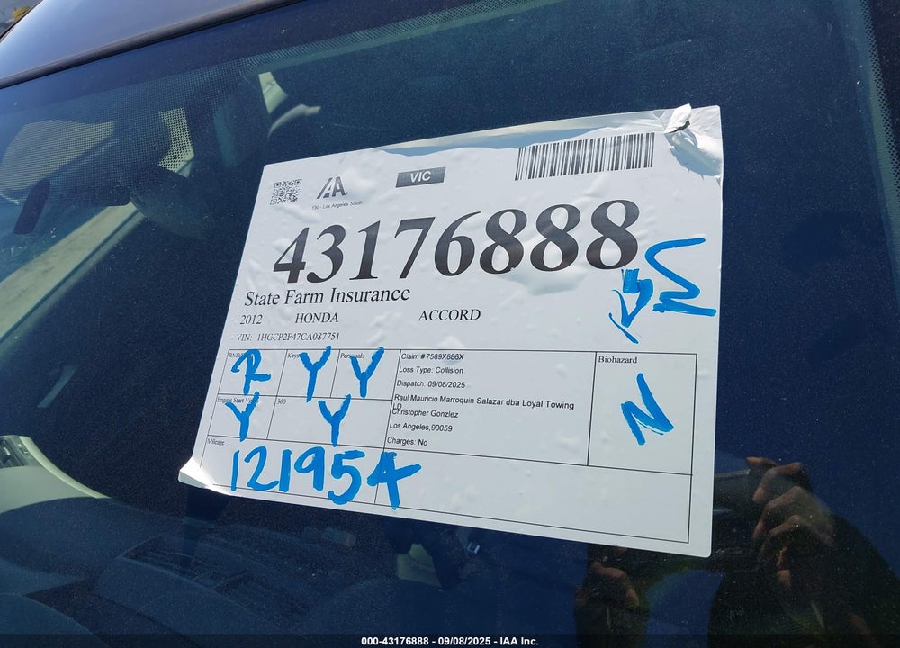 2012 HONDA ACCORD VIN: 1HGCP2F47CA087751