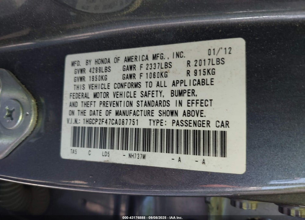 2012 HONDA ACCORD VIN: 1HGCP2F47CA087751