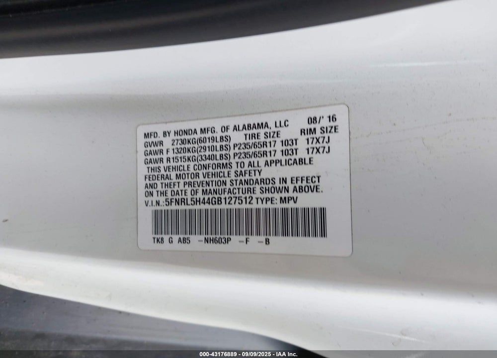 2016 HONDA ODYSSEY VIN: 5FNRL5H44GB127512