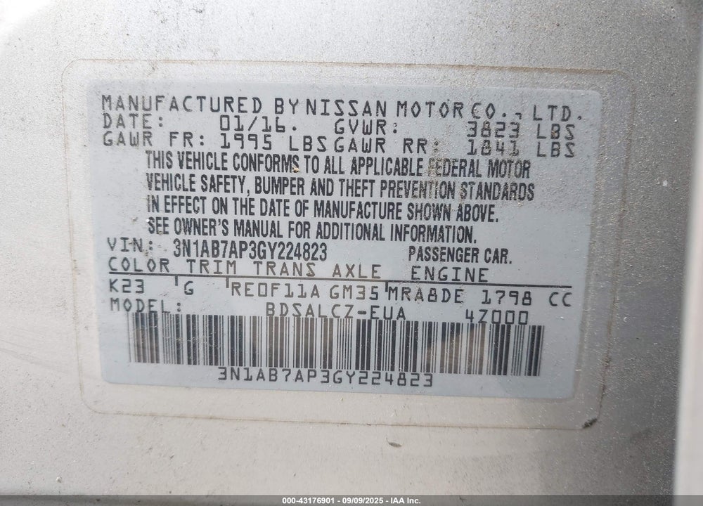 2016 NISSAN SENTRA VIN: 3N1AB7AP3GY224823