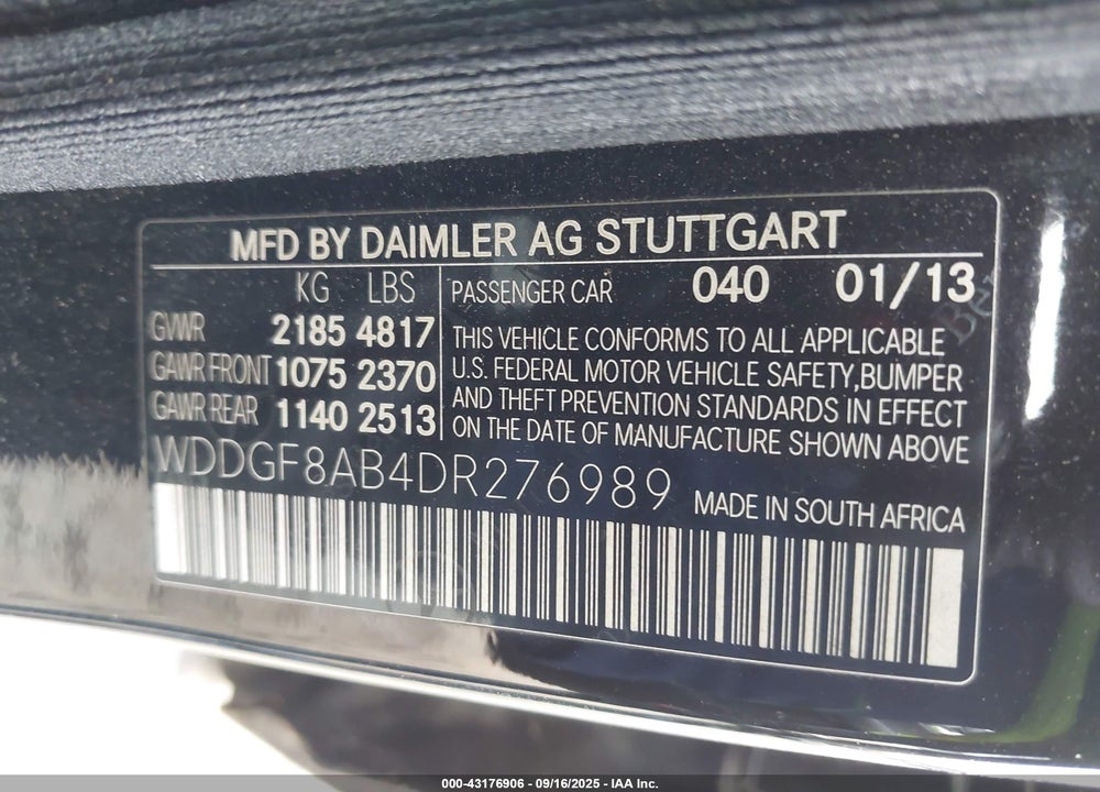 2013 MERCEDES-BENZ C 300 SPORT 4MATIC VIN: WDDGF8AB4DR276989