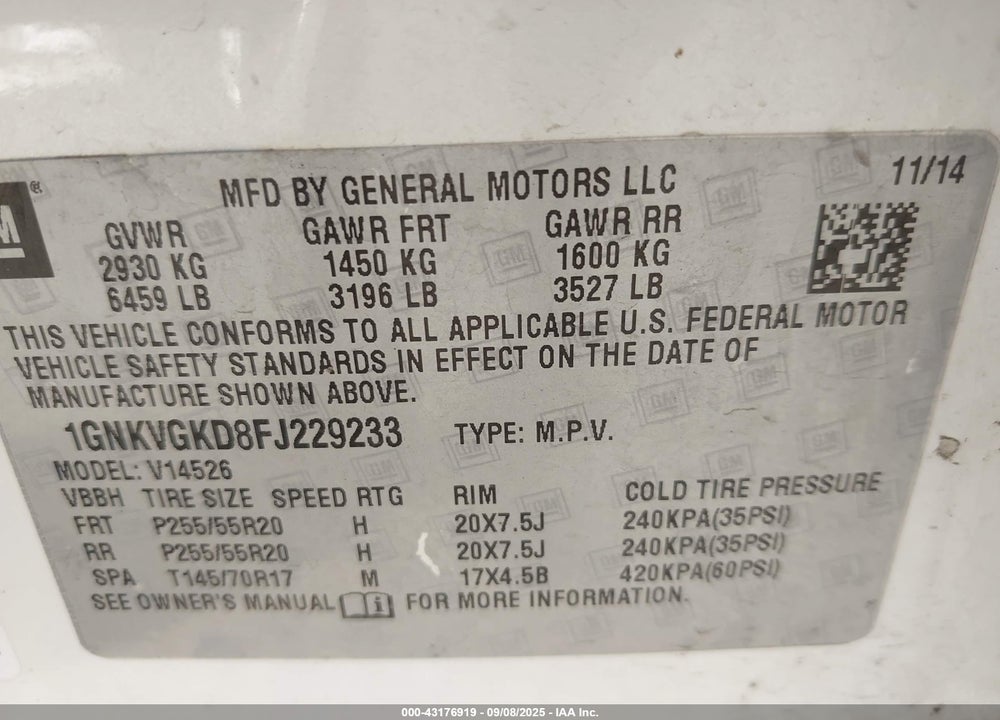 2015 CHEVROLET TRAVERSE VIN: 1GNKVGKD8FJ229233