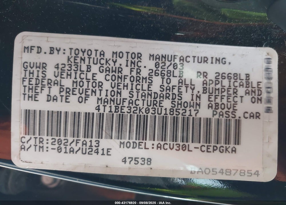 2003 TOYOTA CAMRY XLE VIN: 4T1BE32K03U185217