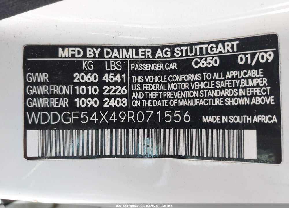 2009 MERCEDES-BENZ C 300 SPORT VIN: WDDGF54X49R071556