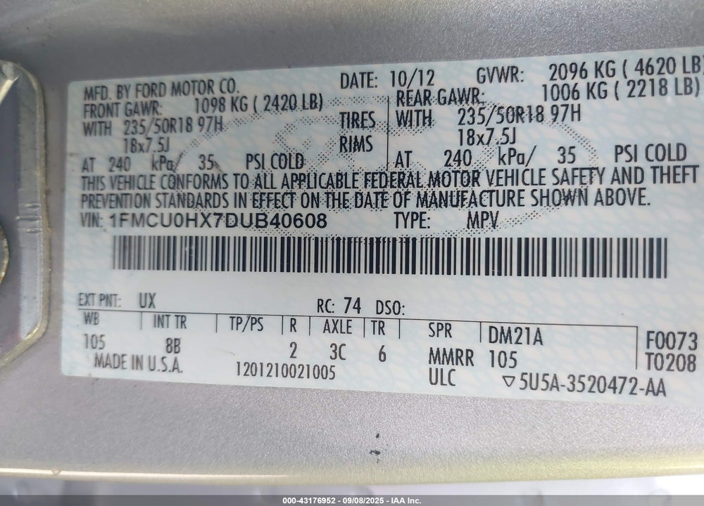 2013 FORD ESCAPE SEL VIN: 1FMCU0HX7DUB40608