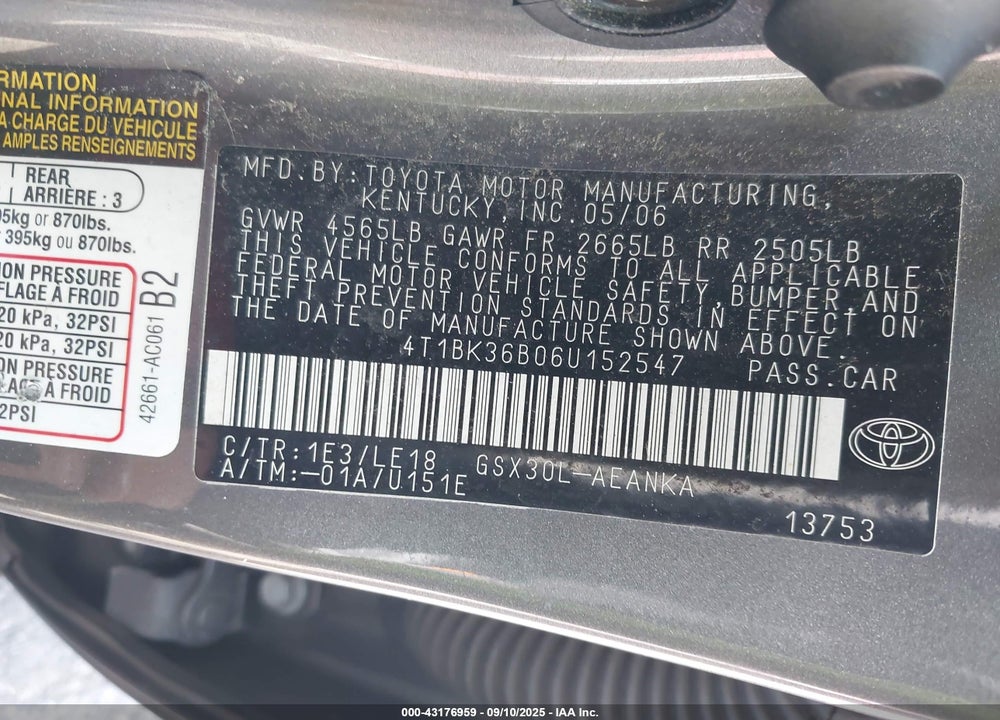 2006 TOYOTA AVALON TOURING VIN: 4T1BK36B06U152547
