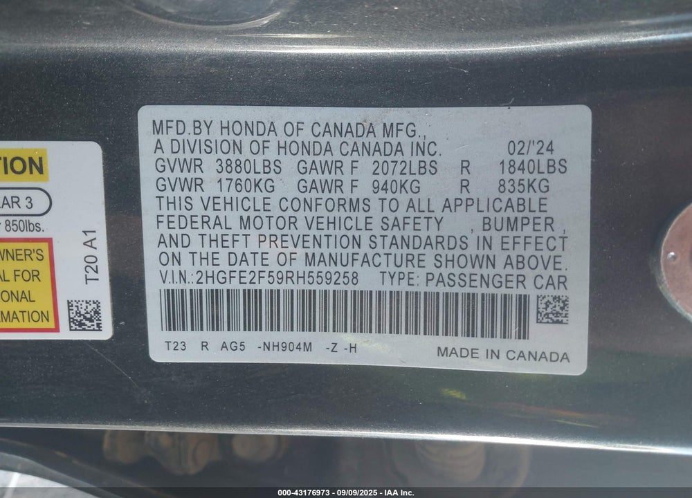2024 HONDA CIVIC VIN: 2HGFE2F59RH559258