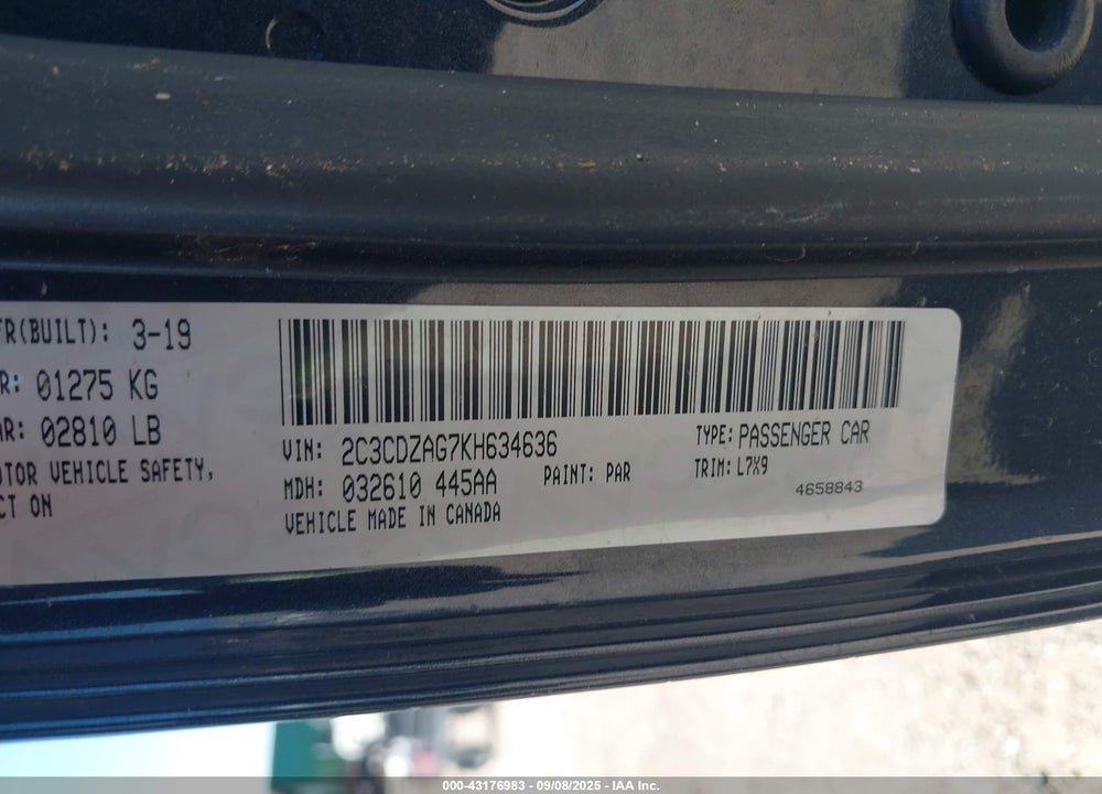 2019 DODGE CHALLENGER VIN: 2C3CDZAG7KH634636