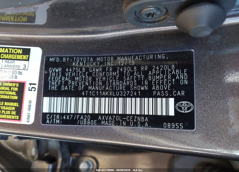 2020 TOYOTA CAMRY LE VIN: 4T1C11AKXLU327241