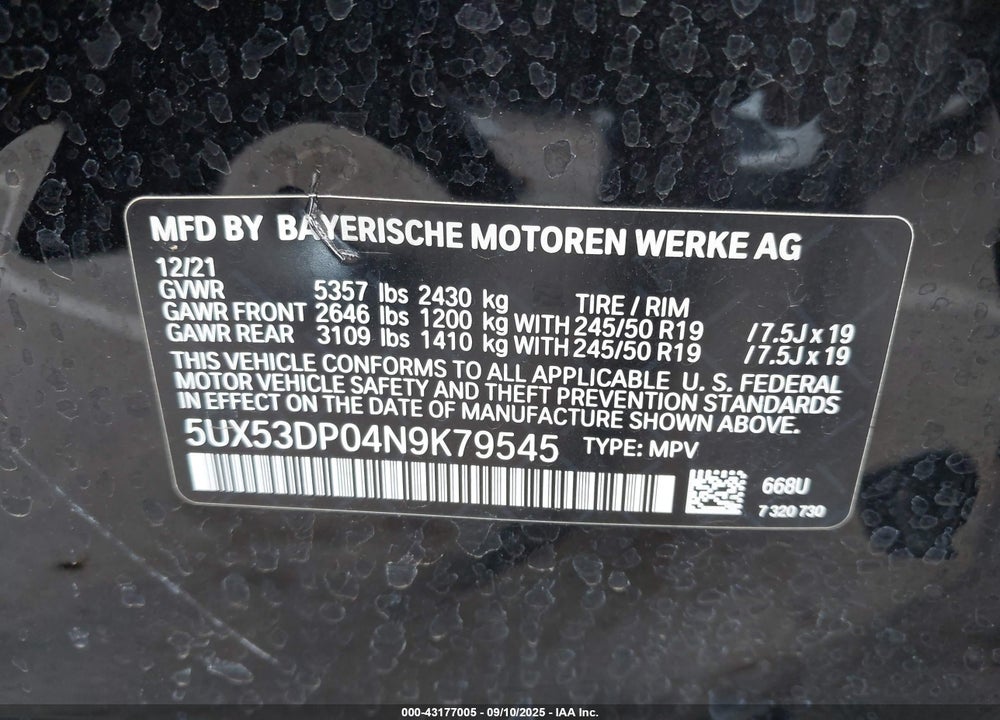 2022 BMW X3 VIN: 5UX53DP04N9K79545