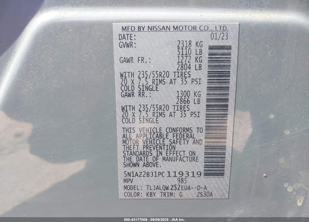 2023 NISSAN MURANO VIN: 5N1AZ2BJ1PC119319