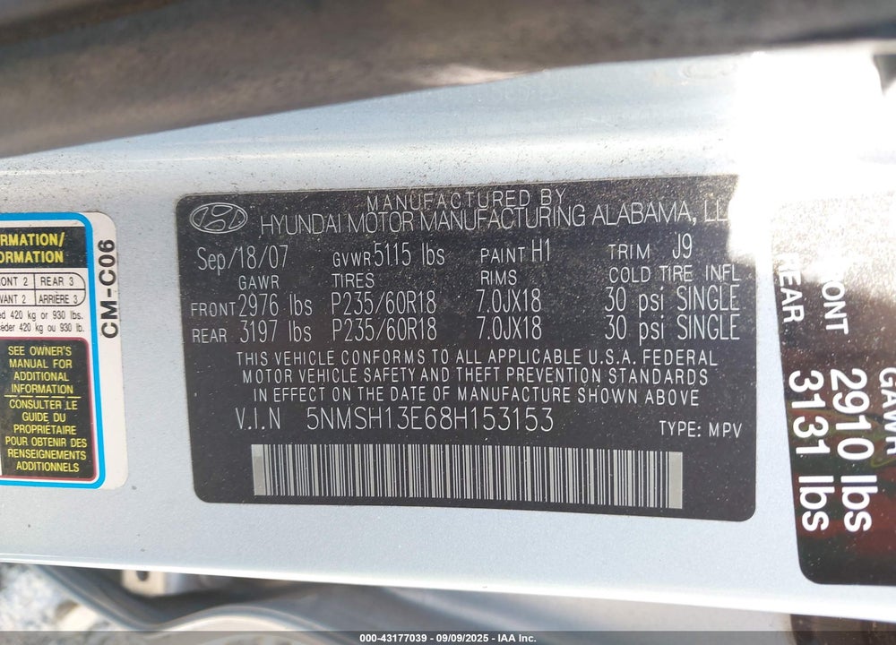 2008 HYUNDAI SANTA FE VIN: 5NMSH13E68H153153