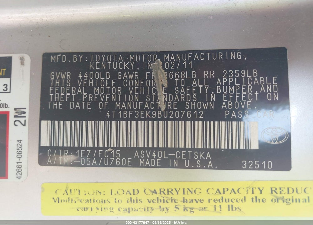 2011 TOYOTA CAMRY VIN: 4T1BF3EK9BU207612