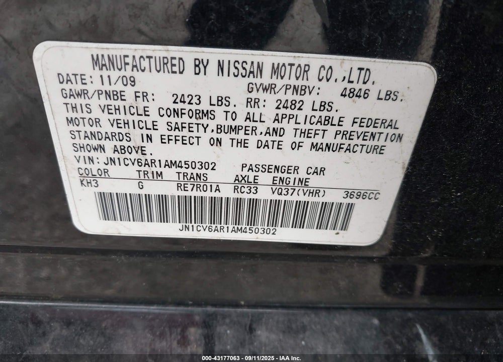 2010 INFINITI G37 VIN: JN1CV6AR1AM450302