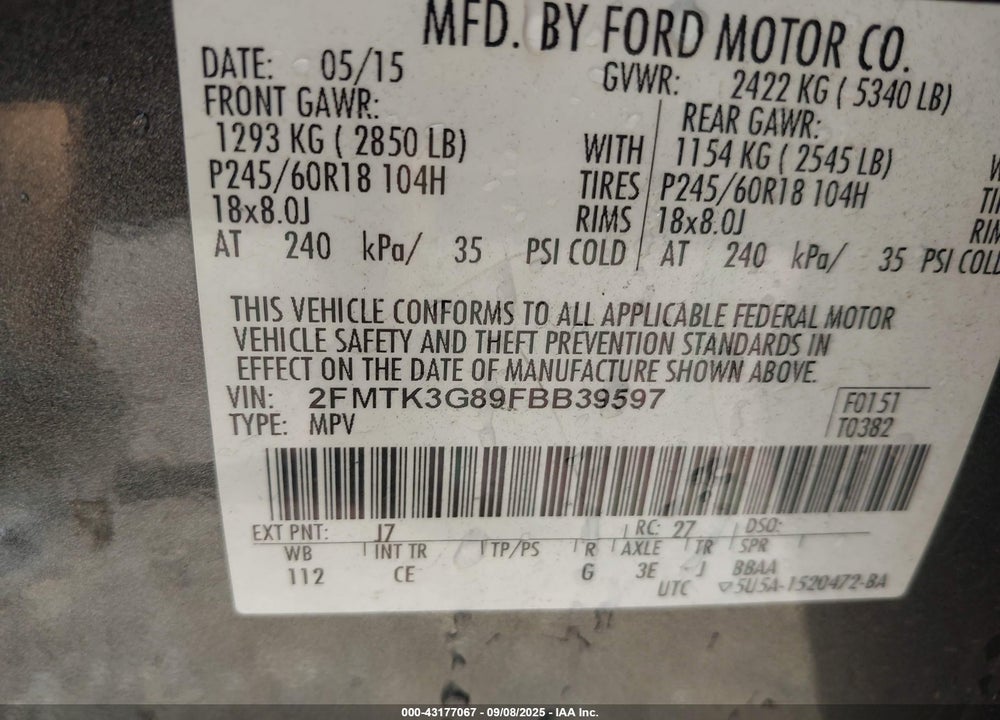 2015 FORD EDGE VIN: 2FMTK3G89FBB39597