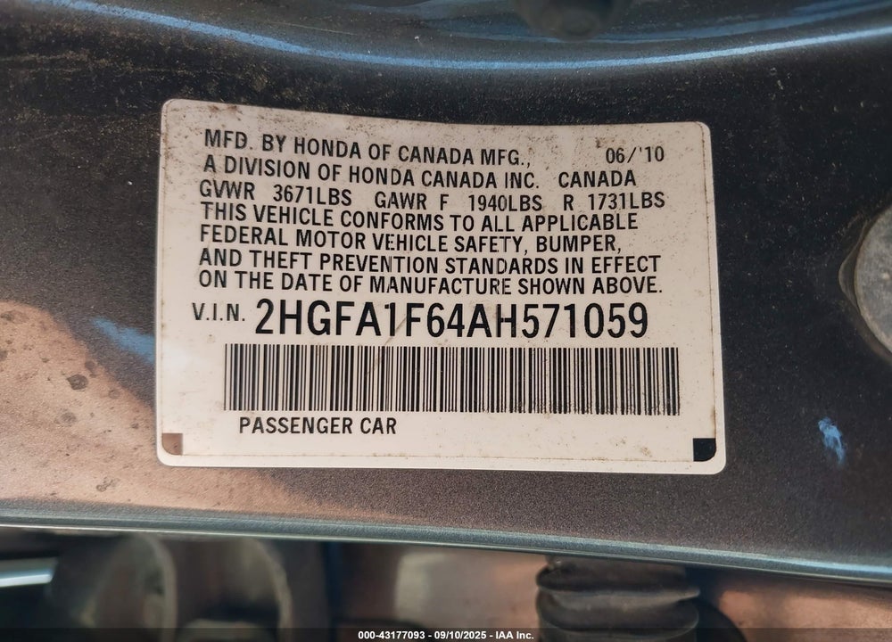 2010 HONDA CIVIC VIN: 2HGFA1F64AH571059