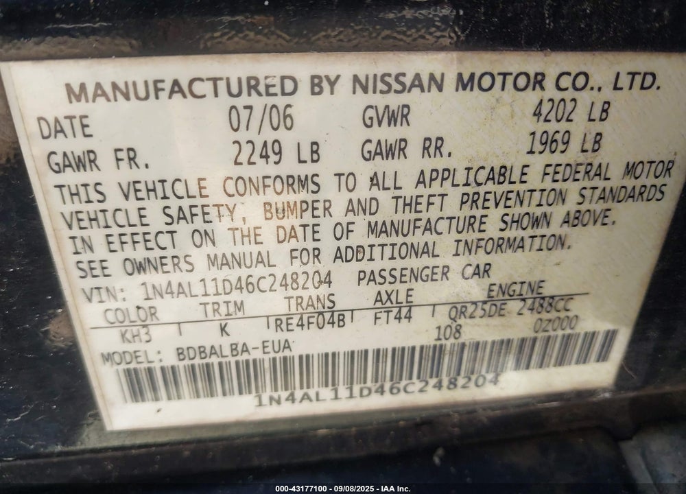 2006 NISSAN ALTIMA 2.5 S VIN: 1N4AL11D46C248204