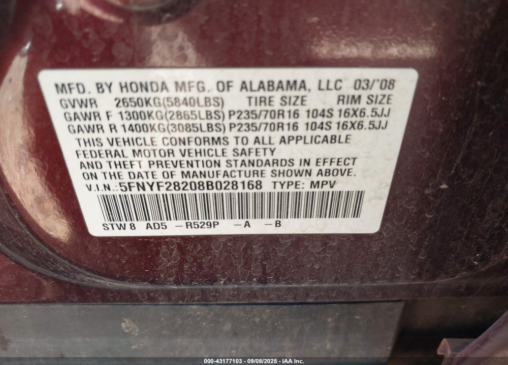 2008 HONDA PILOT VP VIN: 5FNYF28208B028168