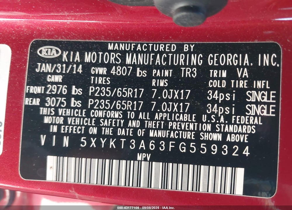 2015 KIA SORENTO VIN: 5XYKT3A63FG559324