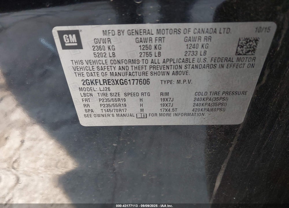 2016 GMC TERRAIN VIN: 2GKFLRE3XG6177606