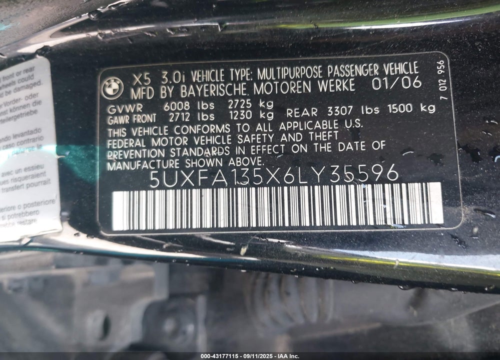 2006 BMW X5 3.0I VIN: 5UXFA135X6LY35596
