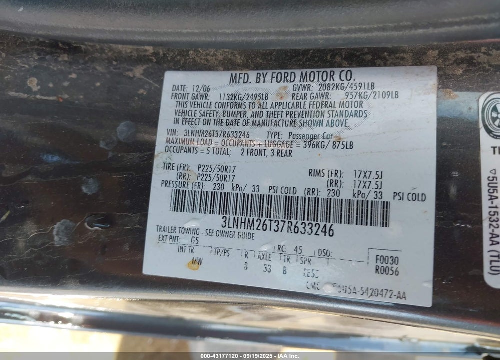 2007 LINCOLN MKZ VIN: 3LNHM26T37R633246