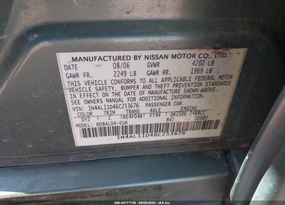 2006 NISSAN ALTIMA 2.5 S VIN: 1N4AL11D46C253676