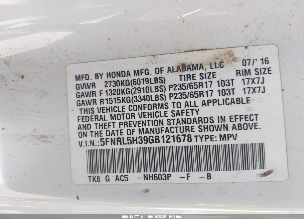 2016 HONDA ODYSSEY VIN: 5FNRL5H39GB121678