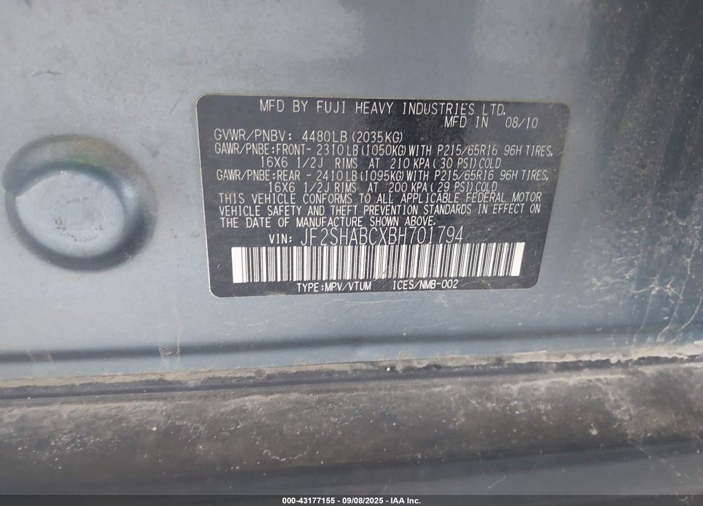 2011 SUBARU FORESTER 2.5X VIN: JF2SHABCXBH701794