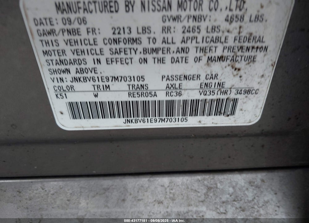 2007 INFINITI G35 VIN: JNKBV61E97M703105