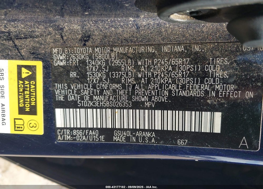 2011 TOYOTA HIGHLANDER VIN: 5TDZK3EH5BS026353