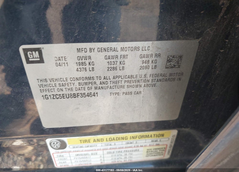 2011 CHEVROLET MALIBU VIN: 1G1ZC5EU8BF354641