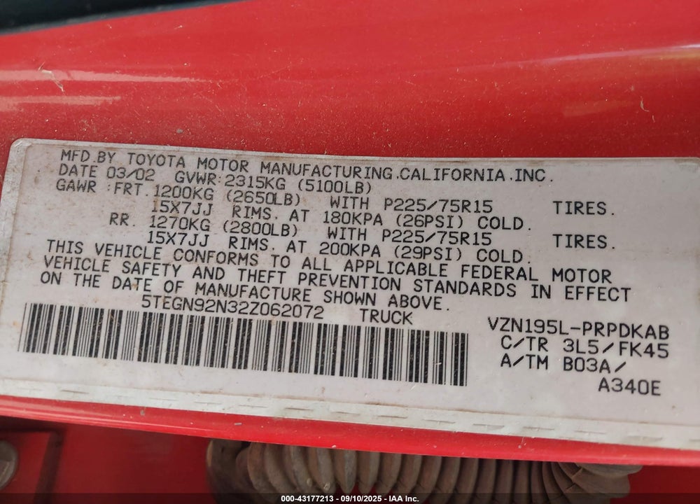 2002 TOYOTA TACOMA VIN: 5TEGN92N32Z062072
