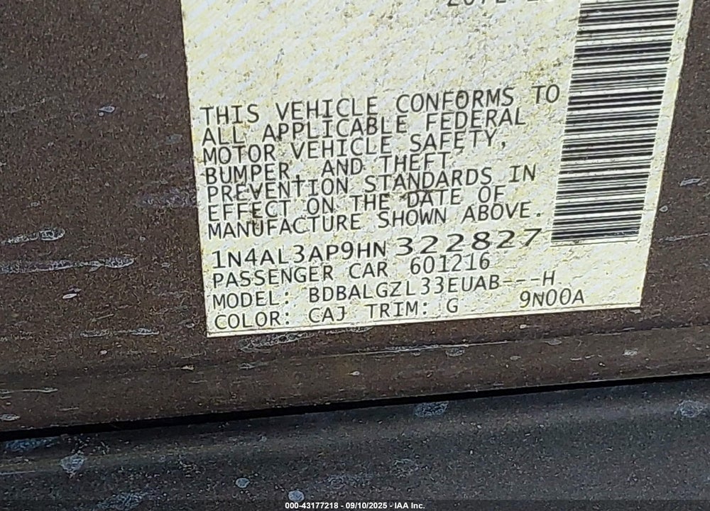 2017 NISSAN ALTIMA VIN: 1N4AL3AP9HN322827