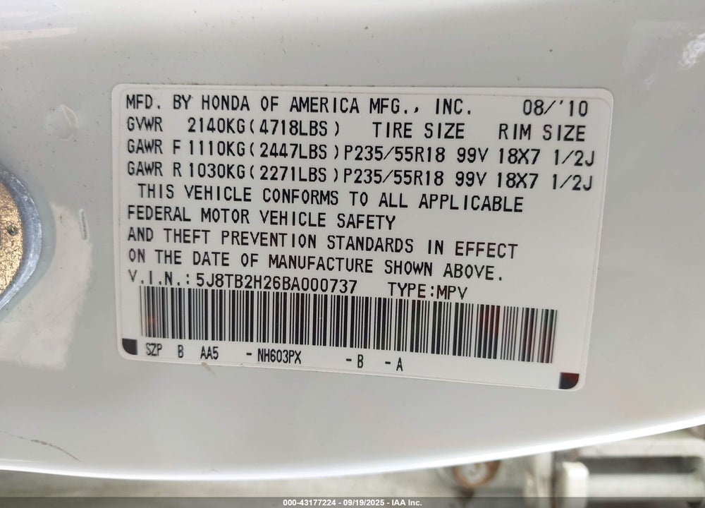 2011 ACURA RDX VIN: 5J8TB2H26BA000737