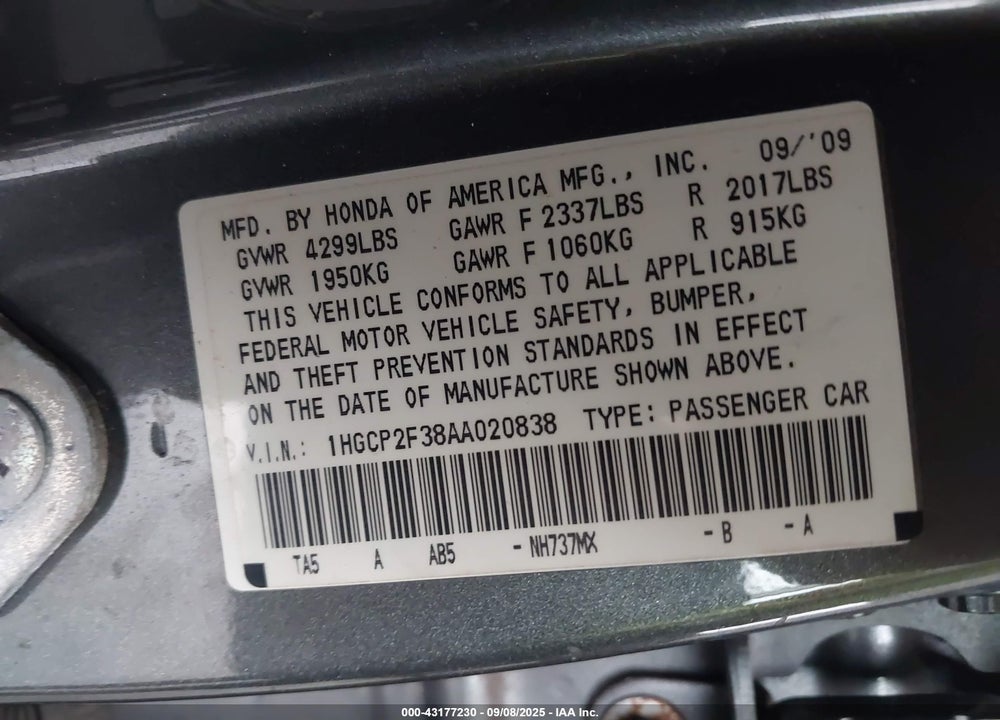 2010 HONDA ACCORD 2.4 LX VIN: 1HGCP2F38AA020838