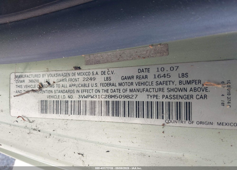 2008 VOLKSWAGEN BEETLE VIN: 3VWPW31C28M509827